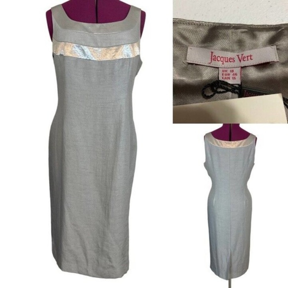 NWT JACQUES VERT UK Taupe Gray Shimmer Sleeveless Midi Sheath Dress Size 14 $180